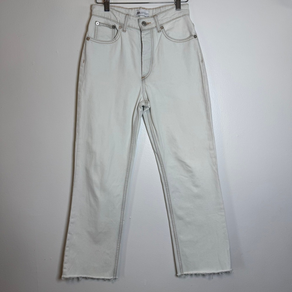 Zara High Waisted Straight Leg Jeans Womens 2 Off White Raw Hem Contrast Stitch